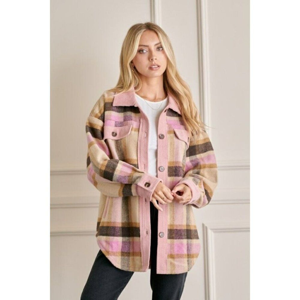 SALE! GeeGee Clothing Pink Plaid Button Up Shirt Jacket Shacket Mauve SJ1798